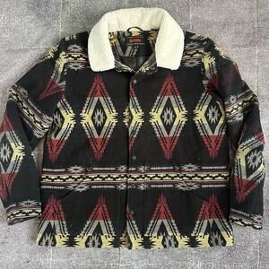 Men's Rock & Roll Denim Black Red Tribal Aztec Fleece Lined Bomber Jacket Sz XL